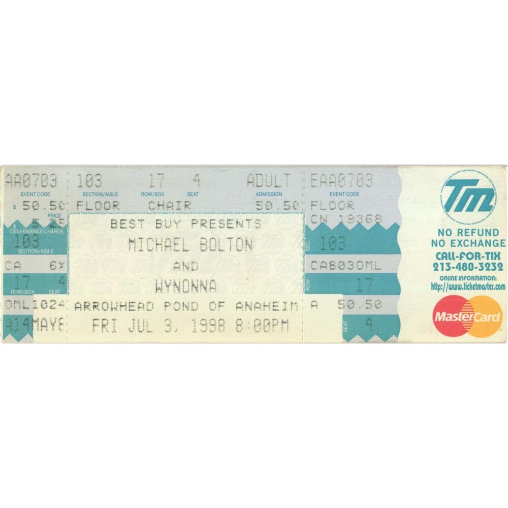 Vintage 1998 Michael Bolton Wynonna Judd Full Complete Ticket Stub Anaheim CA